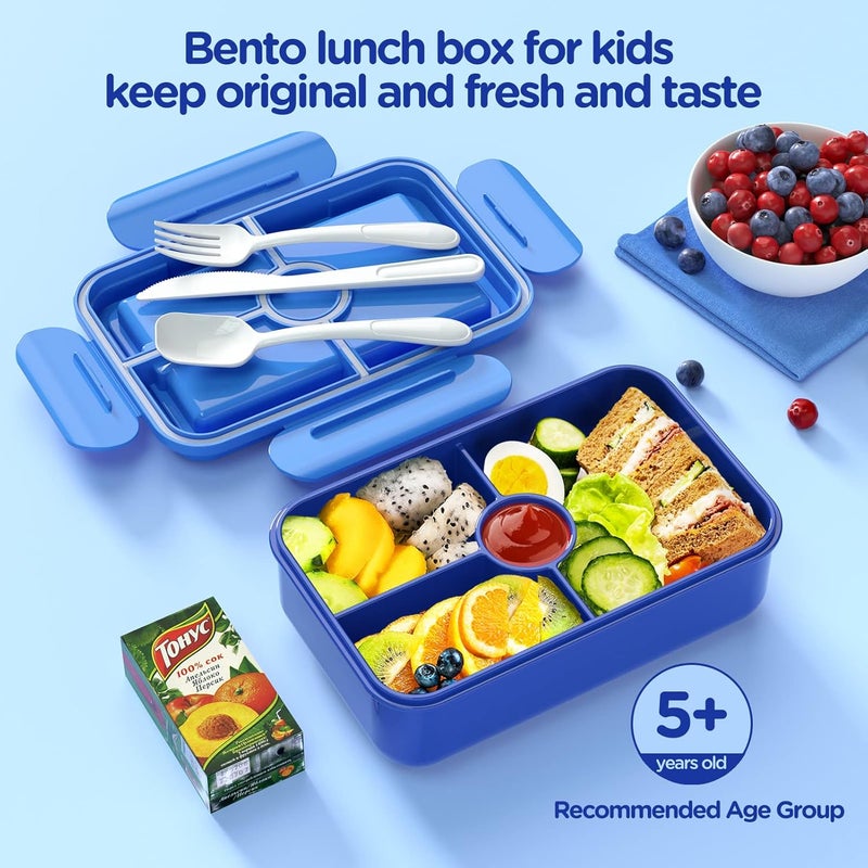 Jelife Bento Lunch Box for Kids - Leakproof Large Bento-Style with 4 Compartments Portions Lunchbox with Tableware Back to School, Reusable On-the-Go Meal and Snack Packing, Blue - Image 2